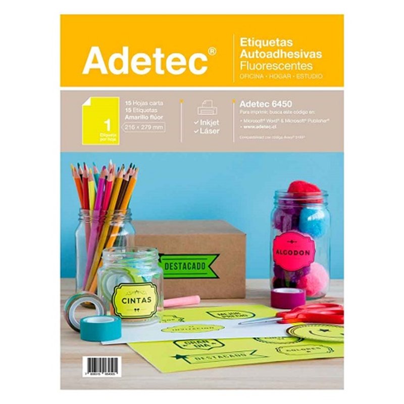 Adetec Etiqueta Ink-Jet Fluorescente 15 Hojas Amarilla 216 x 279