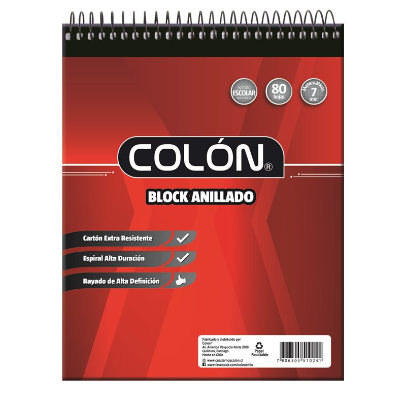 Colon Block Anillado Escolar Cuadriculado 7 mm